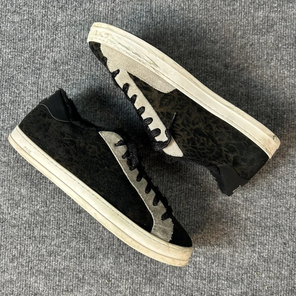 P448 Shoes Mens Size 8 Black Animal Print Faux Fur Lined Lace Up Sneakers EU 41